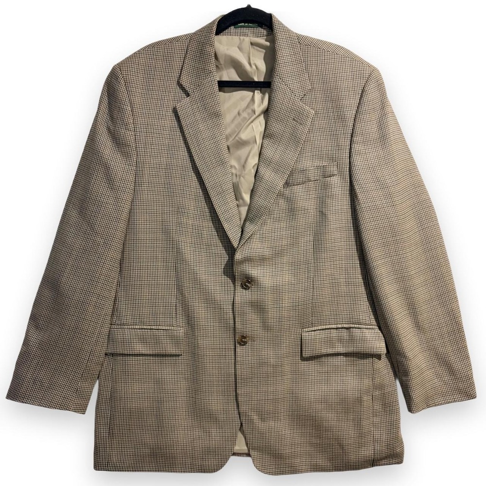 Lauren Ralph Lauren Mens 44L Brown Tan Checkered Pure New Wool Blazer Jacket